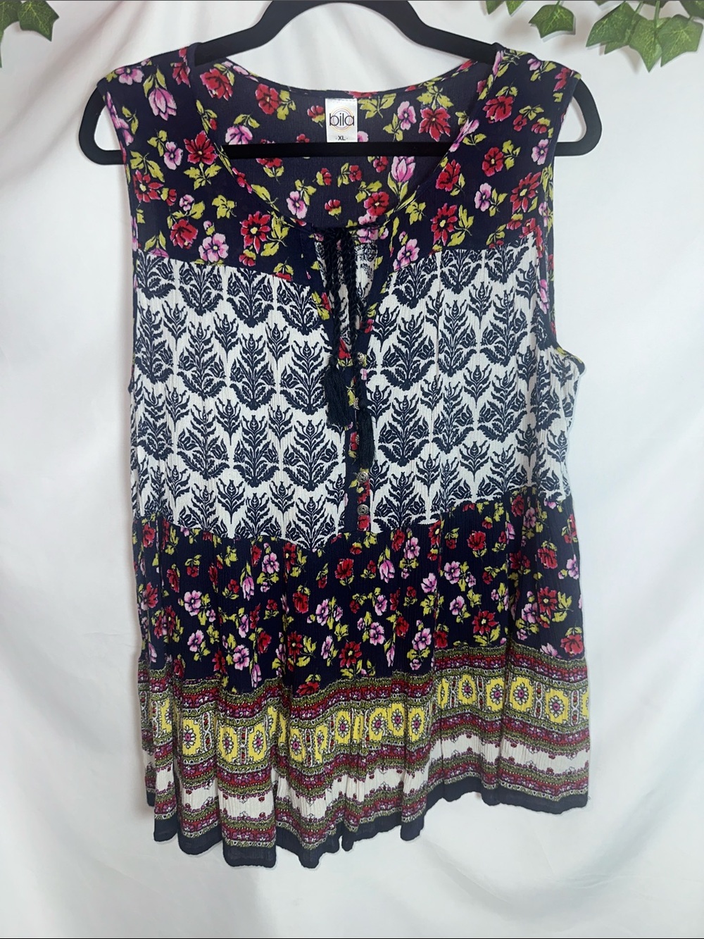 Bila Blue Floral & White Block Print Sleeveless Tunic